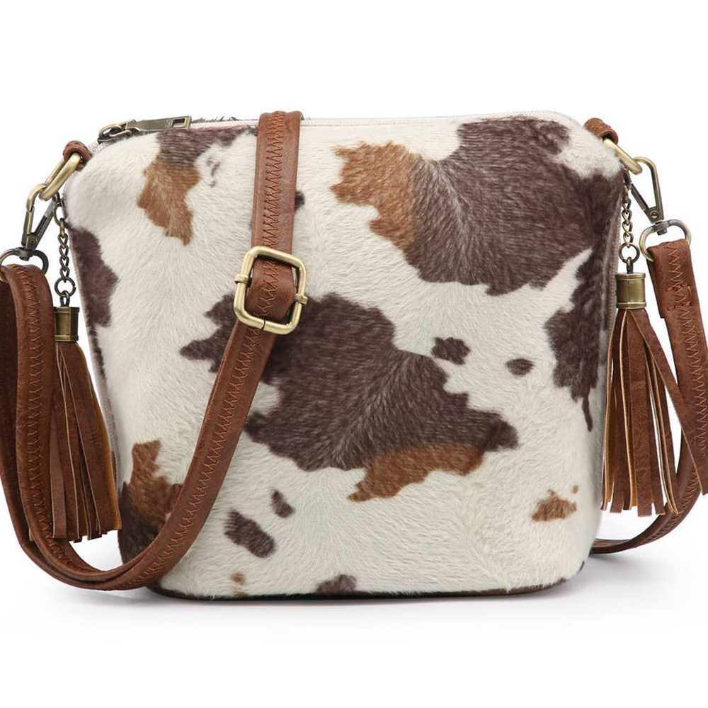 Dylan Cow Print Crossbody Bag with Tassel Zipper Details
